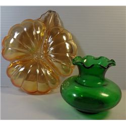 Vintage Green Vase and Marigold Iridescent Candy Dish,