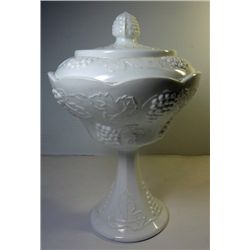 Vintage White Milk Glass Compote with Lid, Grape and Leaf Design, 7.5" tall