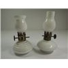 Image 1 : VINTAGE MINIATURE PAIR OF OIL LAMPS, MADE IN HONG KONG, CHIPS ON TOP OF CHIMNNEY