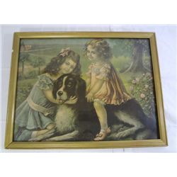 Antique Framed Print, "Rover and His Friends" No. 707, 13" x 16 3/4"