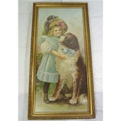 Antique Framed Print in Excellent Condition. Girl and Dog, 13" x 25 1/2"