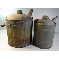 LOT OF 2 OLD GALVANIZED METAL OIL GAS CAN WITH WOODEN HANDLE SPOUT AND CAP