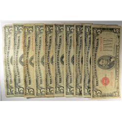 ( 10 ) AVERAGE CIRCULATED U.S. $5.00  RED SEAL NOTES, ALL ARE COMPLETE