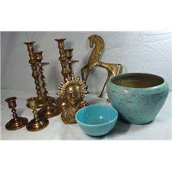 10 Pieces of Brass and Teal Pottery Collection, Very Egyptian Looking