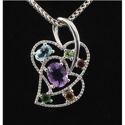 2.24CTW Multi-Color 2Hearts Sterling Silver Pendant 3.2