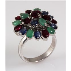 Flower Cluster 5.87g Multi-color Silver Ring 5.45ctw