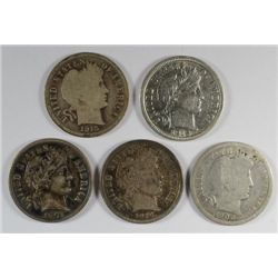 5 DIFFERENT BARBER DIMES ( 00-O, 01,12,14-D,15) GOOD-VF