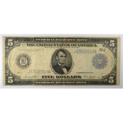 1914 $5 FEDERAL RESERVE NOTE VG