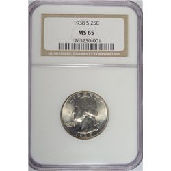 1938-S WASHINGTON QUARTER, NGC MS-65  GEM WHITE