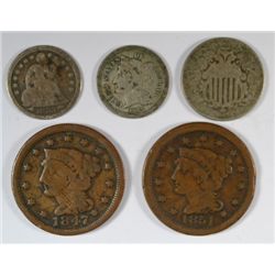 1847 CENT-VG, 1850 CENT-VG+, 1865 3 CENT-VG NICK,1869 5CENT-AG-G, 1853 DIME AG-G