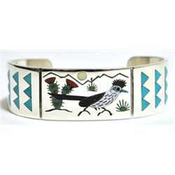 Zuni Multi-Stone Roadrunner Sterling Silver Cuff Bracelet - Rudell & Nancy Laconsello