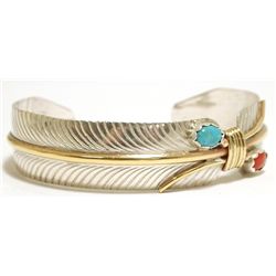 Navajo Turquoise & Coral 12k Gold Fill over Sterling Silver Feather Cuff Bracelet - Virgil Reader