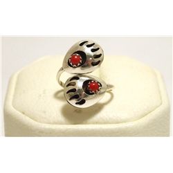 Navajo Coral Sterling Silver Bear Paw Adjustable Women's Ring - Joey McCray