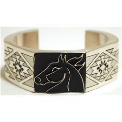 Navajo  Rattler  Sterling Silver Horse Small Cuff Bracelet - Leander Tahe