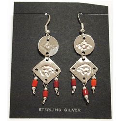 Navajo Coral Sterling Silver Bear French Hook Earrings - Bernice Sandoval