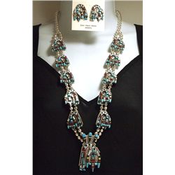 Zuni Multi-Stone Inlay Rainbow Kachina Sterling Silver Necklace & Earrings Set - Herbert Cellicion