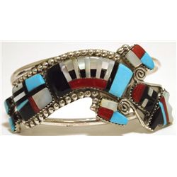 Zuni Multi-Stone Inlay Rainbow Kachina Sterling Silver Cuff Bracelet - Herbert Cellicion