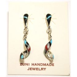 Zuni Multi-Stone Inlay Sterling Silver Spiraling Post Earrings - Idella Edaakie