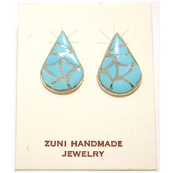 Zuni Turquoise Inlay Sterling Silver Post Earrings - Orena Leekya