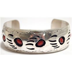 Navajo Coral Sterling Silver Bear Paw Cuff Bracelet - Pearlene Spencer