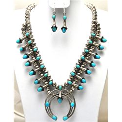 Navajo Turquoise Squash Blossom Necklace & Earrings Set - Phil & Lenore Garcia