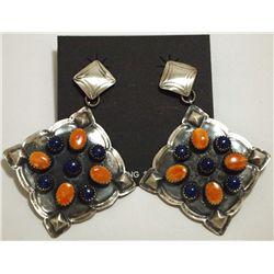 Navajo Orange Spiny Oyster & Lapis Lazuli Sterling Silver Earrings - Albert J Brown