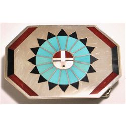 Zuni Multi-Stone Inlay Sunface Sterling Silver Buckle - Fred & Lolita Natachu