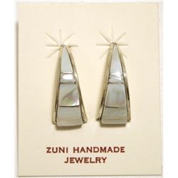 Zuni Mother of Pearl Inlay Sterling Silver Curved Post Earrings - C.S. Lonjose