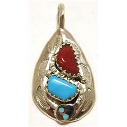 Zuni Coral & Turquoise Sterling Silver Snake Pendant - Effie Calavaza