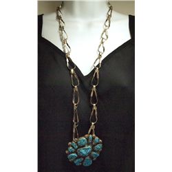 Old Pawn Navajo Sleeping Beauty Turquoise Sterling Silver Necklace Handmade Chain