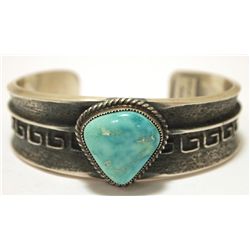 Old Pawn Navajo Blue Gem Turquoise Sterling Silver Cuff Bracelet - Kirk Smith