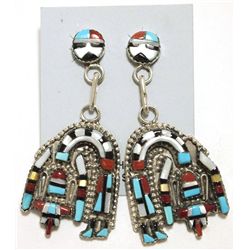 Zuni Multi-Stone Inlay Rainbow Kachina Sterling Silver Post Earrings - Herbert Cellicion