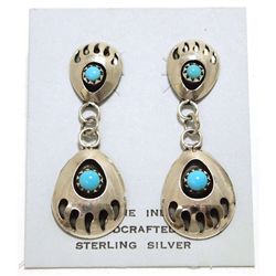 Navajo Turquoise Sterling Silver Bear Paw Large Post Dangle Earrings - Gaynelle Parker