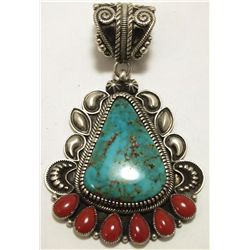 Old Pawn Navajo Coral & Turquoise Sterling Silver Pendant - Kirk Smith