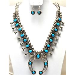 Navajo Turquoise Squash Blossom Necklace & Earrings Set - Phil & Lenore Garcia