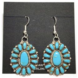 Navajo Turquoise Cluster Sterling Silver Small French Hook Earrings - Davina Benally
