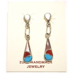 Zuni Multi-Stone Inlay Sterling Silver Post Earrings - Antoinette Ahiyite