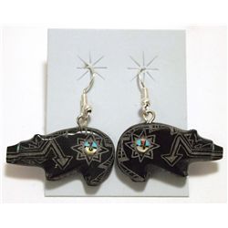 Zuni Black Jet Bear Sterling Silver French Hook Earrings - Dilbert Gasper