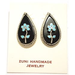 Zuni Onyx & Turquoise Inlay Flower Sterling Silver Post Earrings - Rodney Lagiloo