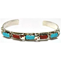 Zuni Coral & Turquoise Snake Sterling Silver Cuff Bracelet - Effie Calavaza