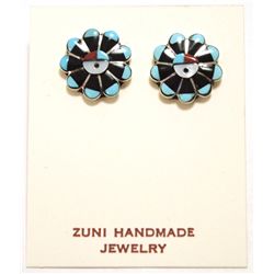 Zuni Multi-Stone Inlay Sun Face Sterling Silver Post Earrings - Janice Lalio