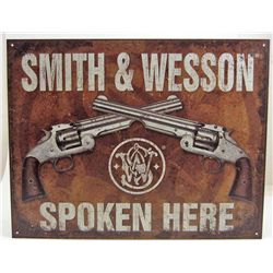 5927 - S &W SPOKEN HERE TIN SIGN