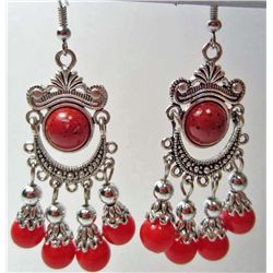 4082 - TIBET SILVER ROUND RED JADE EARRINGS