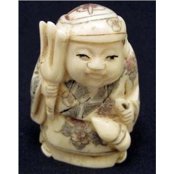 5576 -  JAPANESE OX  BONE NETSUKE HAPPY LADY HOLDING CALABASH