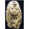 Image 1 : 5580 -  JAPANESE OX  BONE NETSUKE HAPPY BOY CARRYING BAG