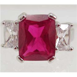 13408 - WHITE GOLD PLATED RUBY & TOPAZ RING - SIZE 6
