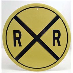 13386 - RAIL ROAD CROSSING ROUND TIN SIGN APPROX  12" DIAMETER