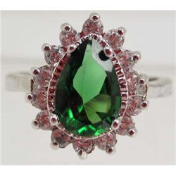 13427 - WHITE GOLD PLATED EMERALD & TOPAZ RING - SIZE 6.75