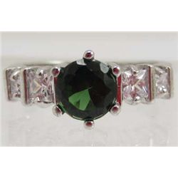 13419 - WHITE GOLD PLATED EMERALD & TOPAZ RING - SIZE 6