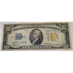 EXTREMEMLY RARE U.S $10 SILVER CERTIFICATEWWII NORTH AFRICAN EMERGENCY NOTE, GOLD SEAL SERIES 1934A